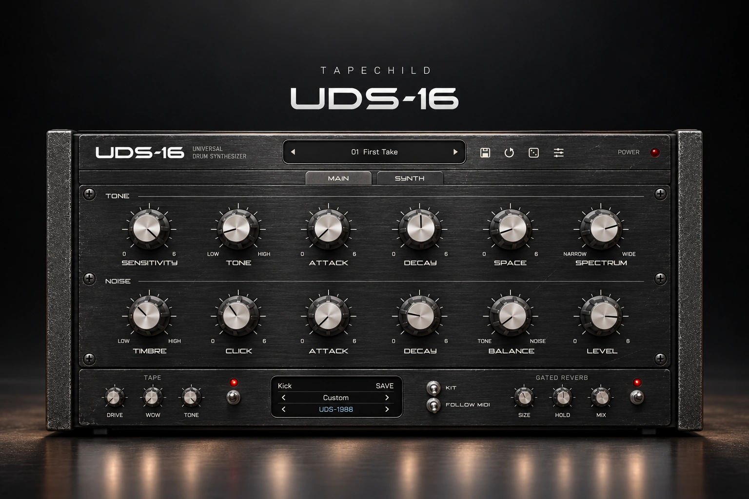 Tapechild UDS-16 drum synthesizer on a dark studio background