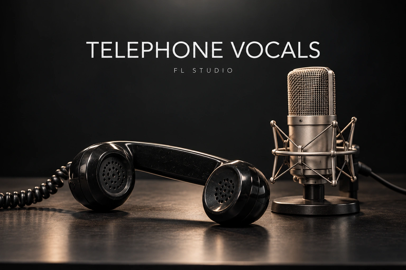 Black telephone receiver and studio microphone on a dark desk for an FL Studio vocal effects tutorial