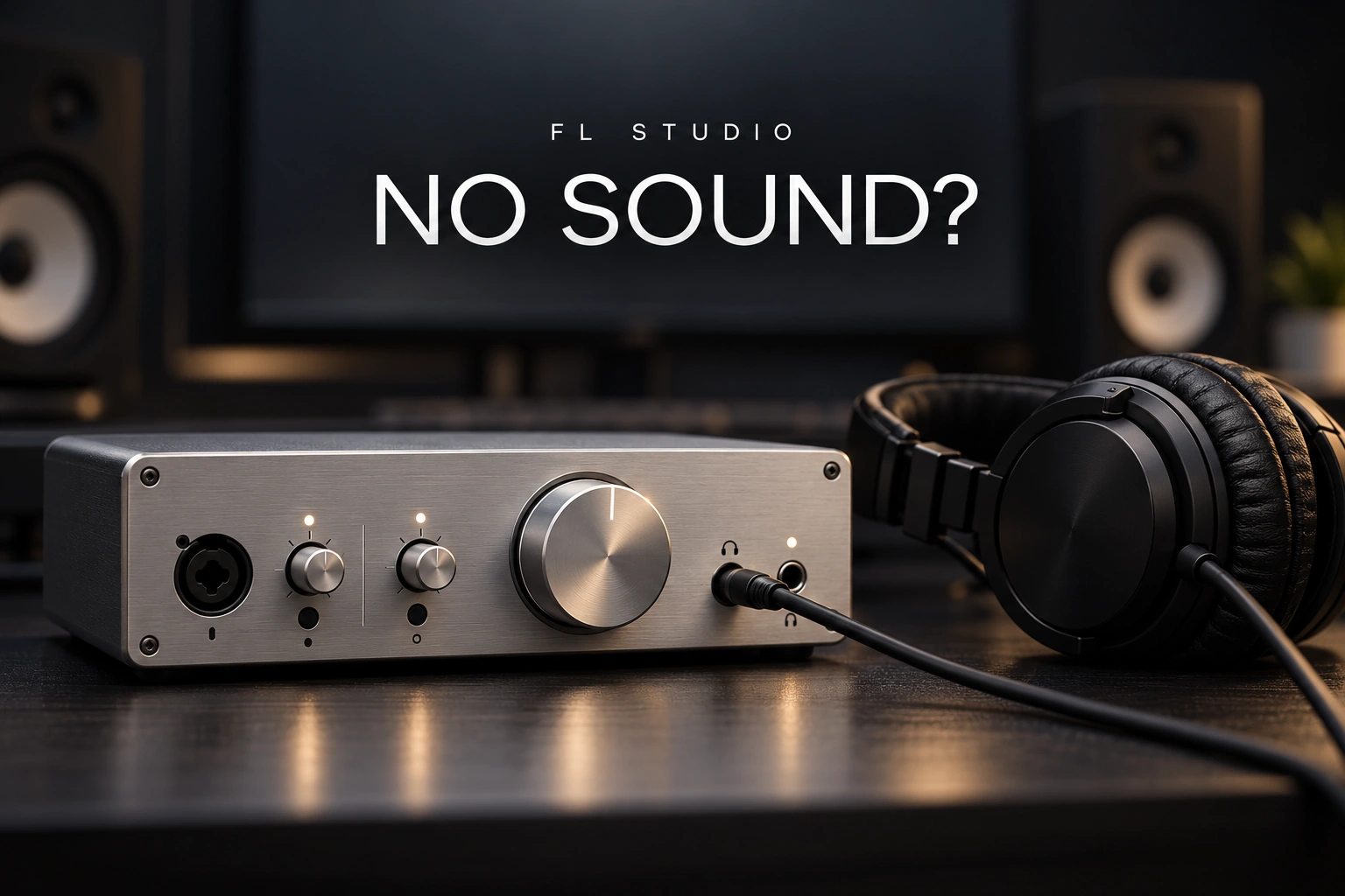 Audio interface and wired headphones in a dark studio for an FL Studio no-sound troubleshooting guide