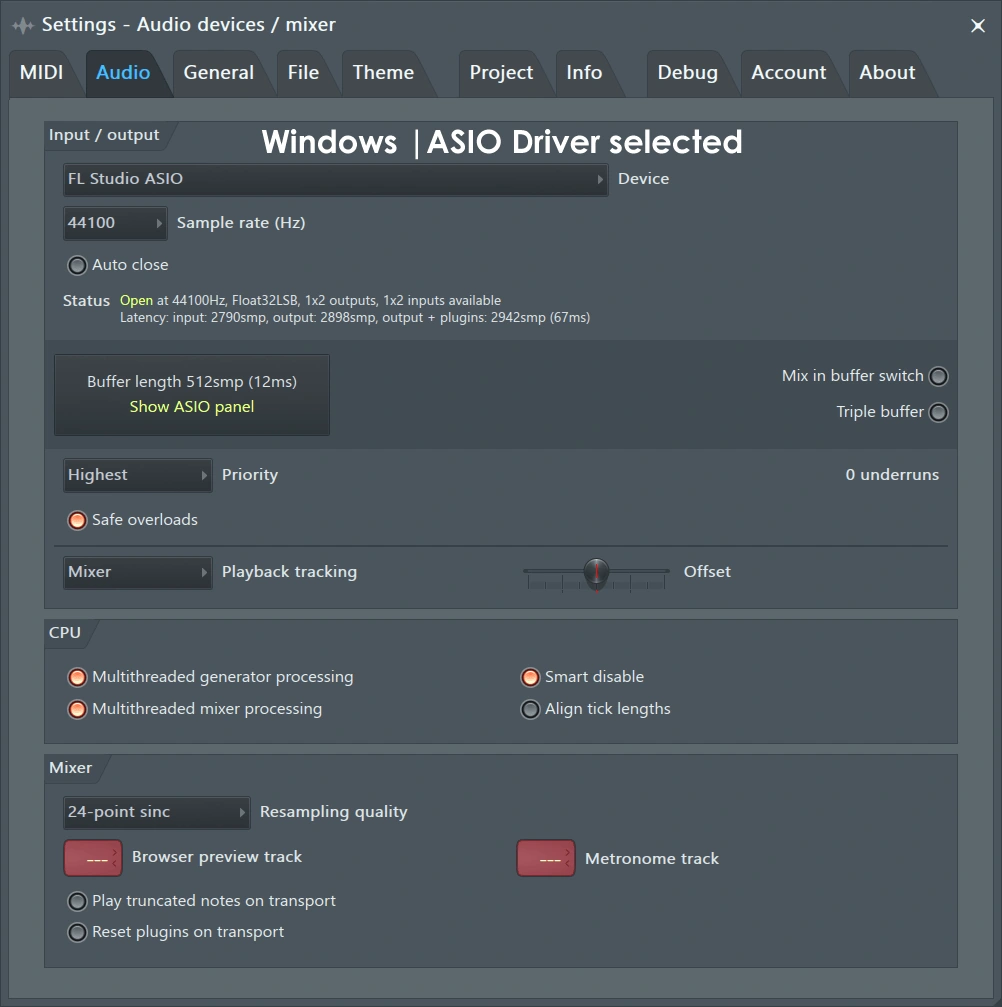 FL Studio Audio settings on Windows with Device and Show ASIO panel controls