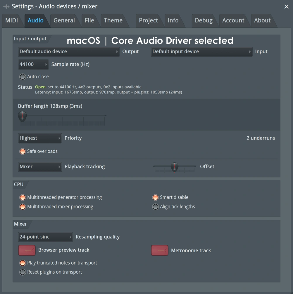 FL Studio Audio settings on macOS with Core Audio Output and Input selections