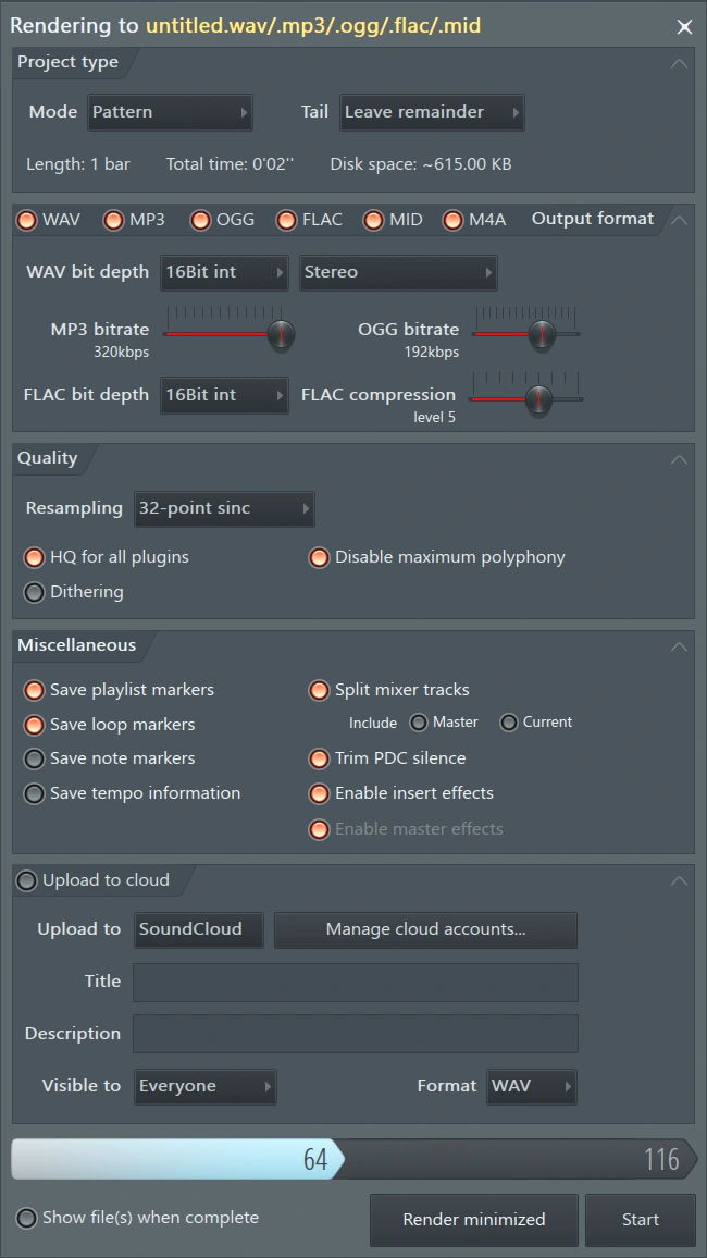 FL Studio export dialog showing rendering and effects options