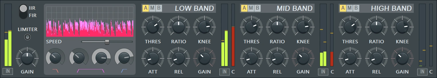 Fruity Multiband Compressor showing LOW, MID and HIGH bands and their compression controls