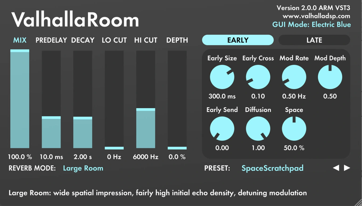 Valhalla Room interface showing Early controls, Depth, Space and Lo Cut