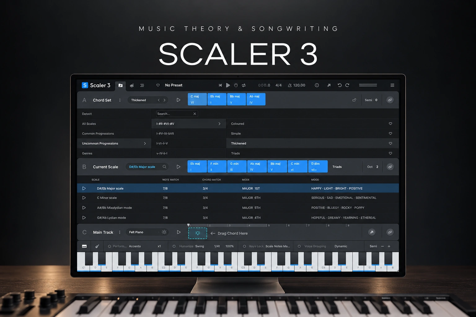 Scaler 3 review showing the chord and scale interface on a studio monitor