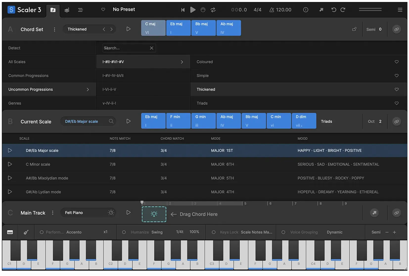Scaler 3 Browse interface showing chord sets, related scales and the Main Track