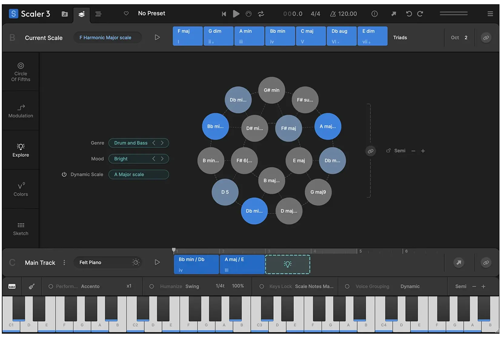 Scaler 3 Explore page with harmonic options for developing a chord progression