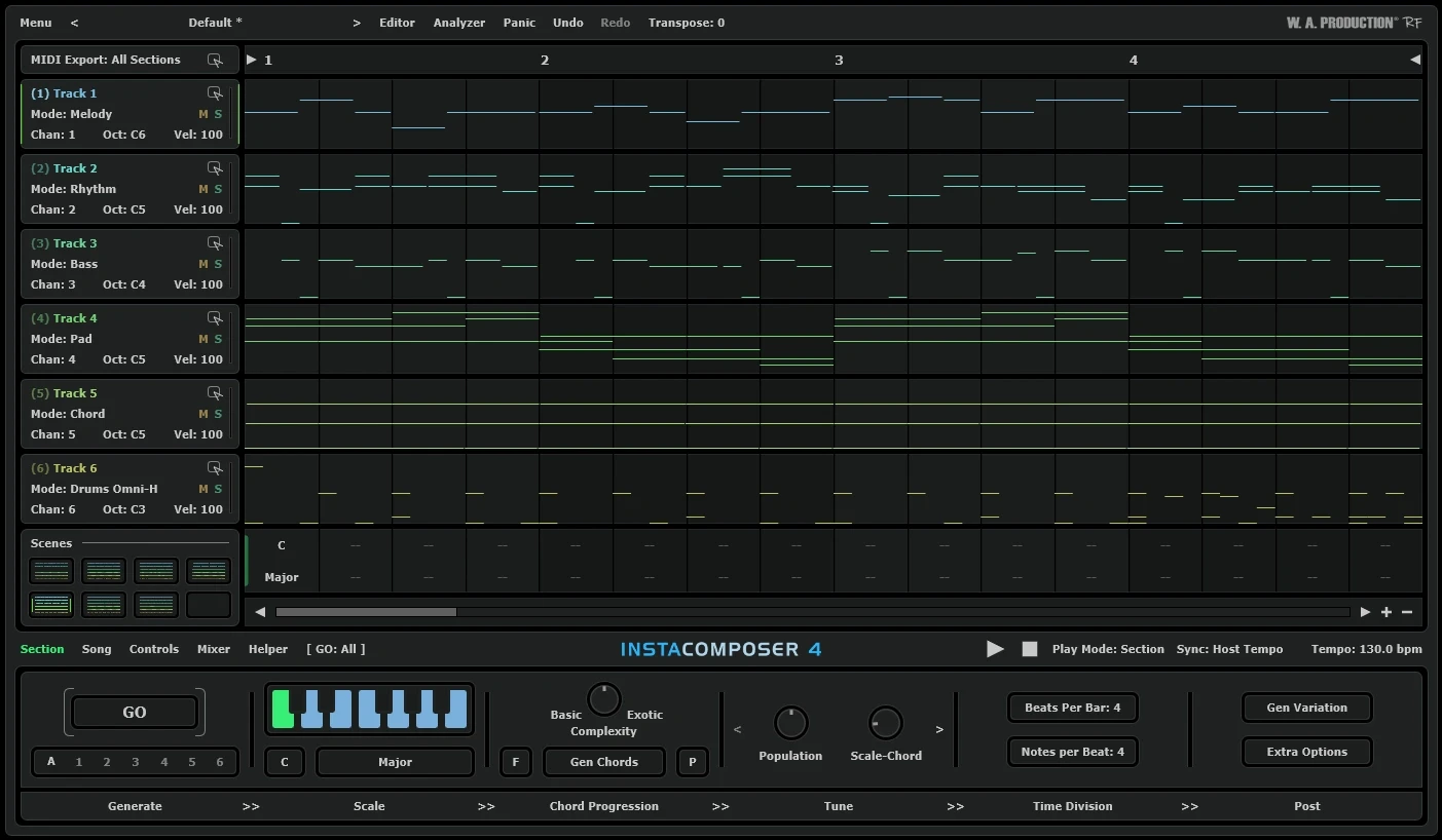 InstaComposer 4 interface showing six MIDI tracks, scenes and chord controls