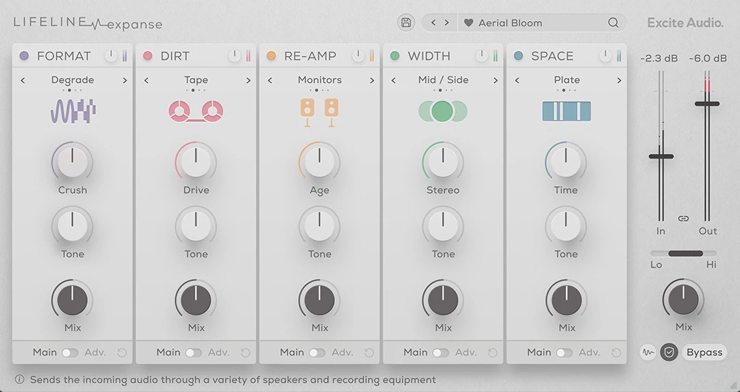 Lifeline Expanse main interface showing Format, Dirt, Re-amp, Width and Space modules
