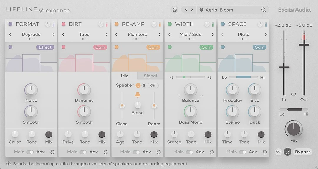 Lifeline Expanse advanced interface showing multiband processing, microphone controls and ambience settings