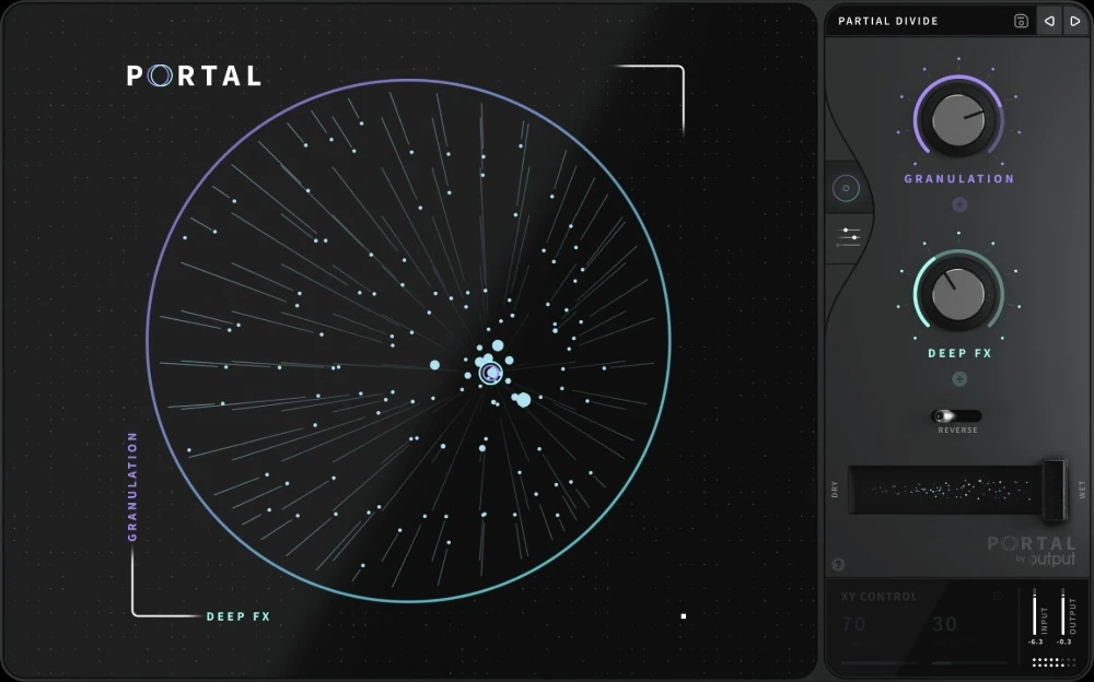 Output Portal main interface showing the circular XY control and two macro knobs