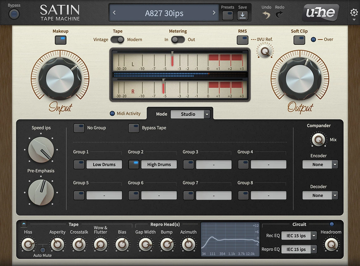 u-he Satin interface showing Studio mode, grouping controls and the Service panel