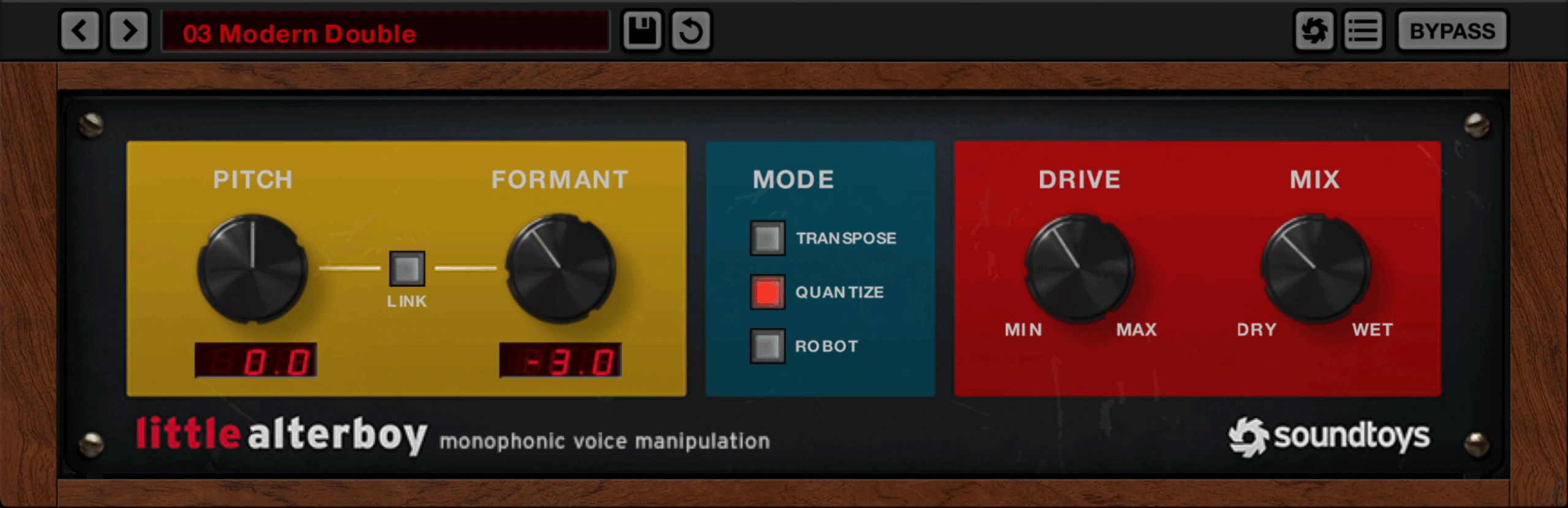 Soundtoys Little AlterBoy interface with Pitch, Formant, Mode, Drive and Mix controls