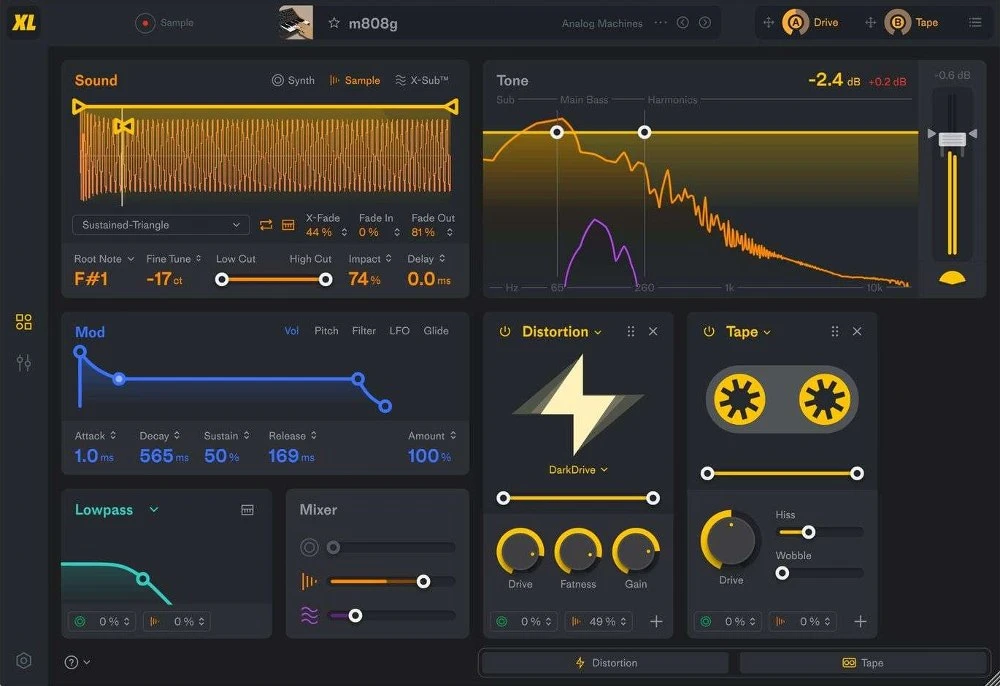SubLab XL interface showing a sample waveform, bass spectrum, modulation envelope and effects