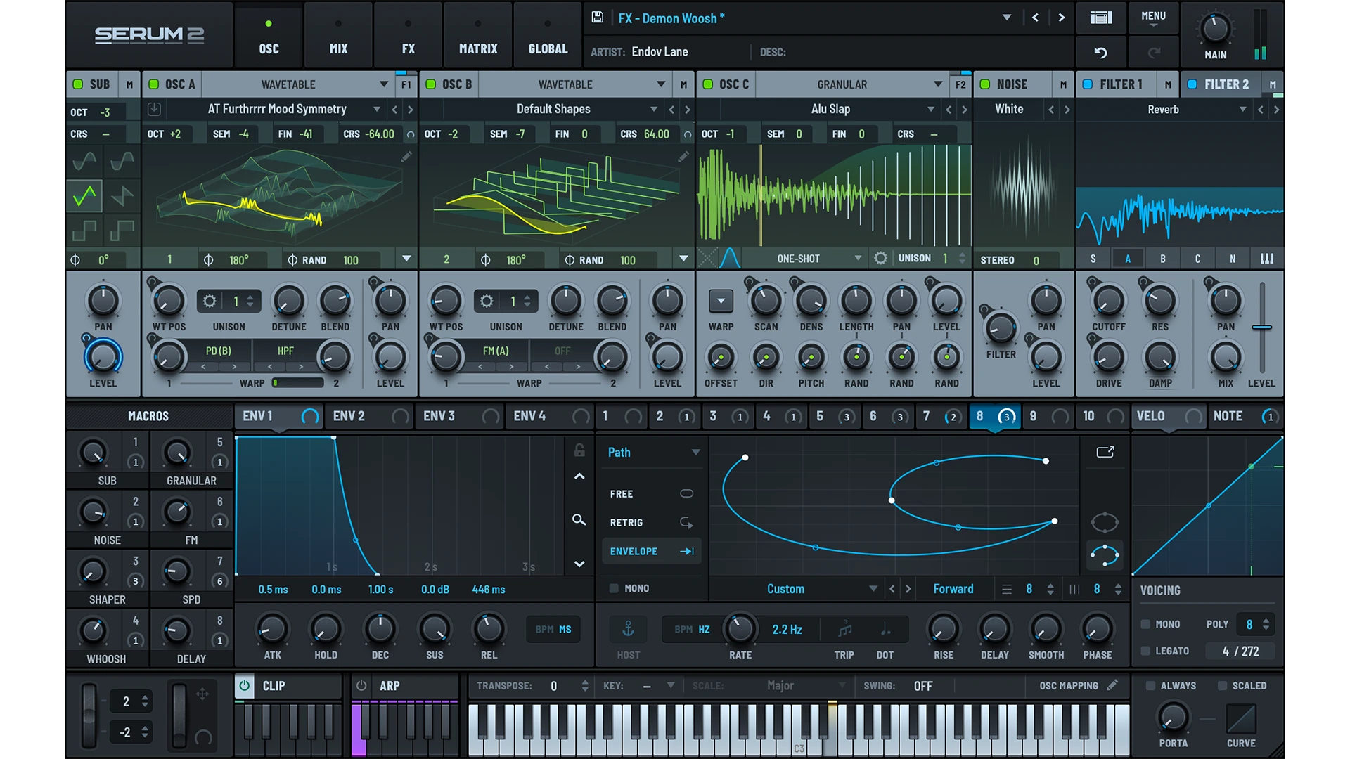 Serum 2 interface with three main oscillators, envelopes, modulation and voicing controls