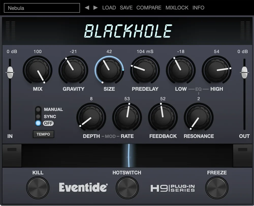 Eventide Blackhole interface with Gravity, Size, Ribbon, Kill and Freeze controls