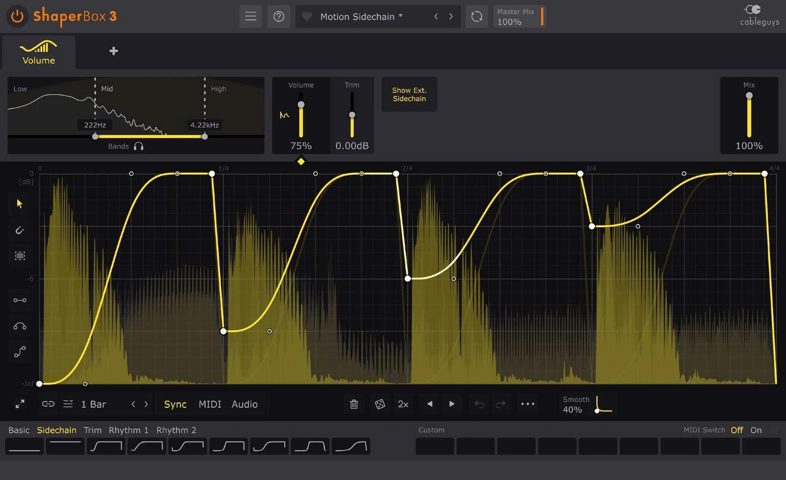 Official ShaperBox 3 VolumeShaper interface with yellow ducking curves and three frequency bands