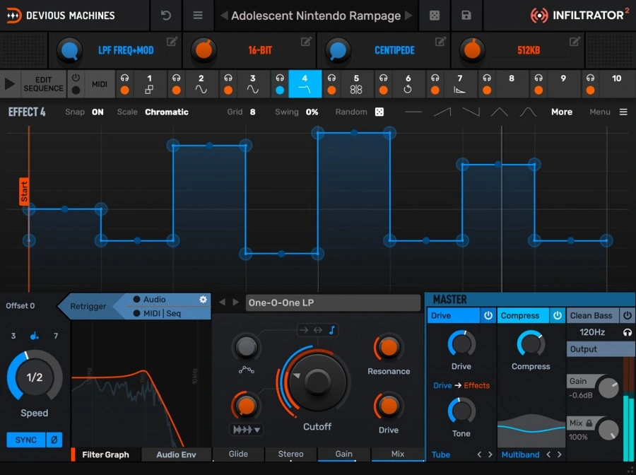 Official Infiltrator 2 interface showing effect slots, a blue modulation curve and master controls