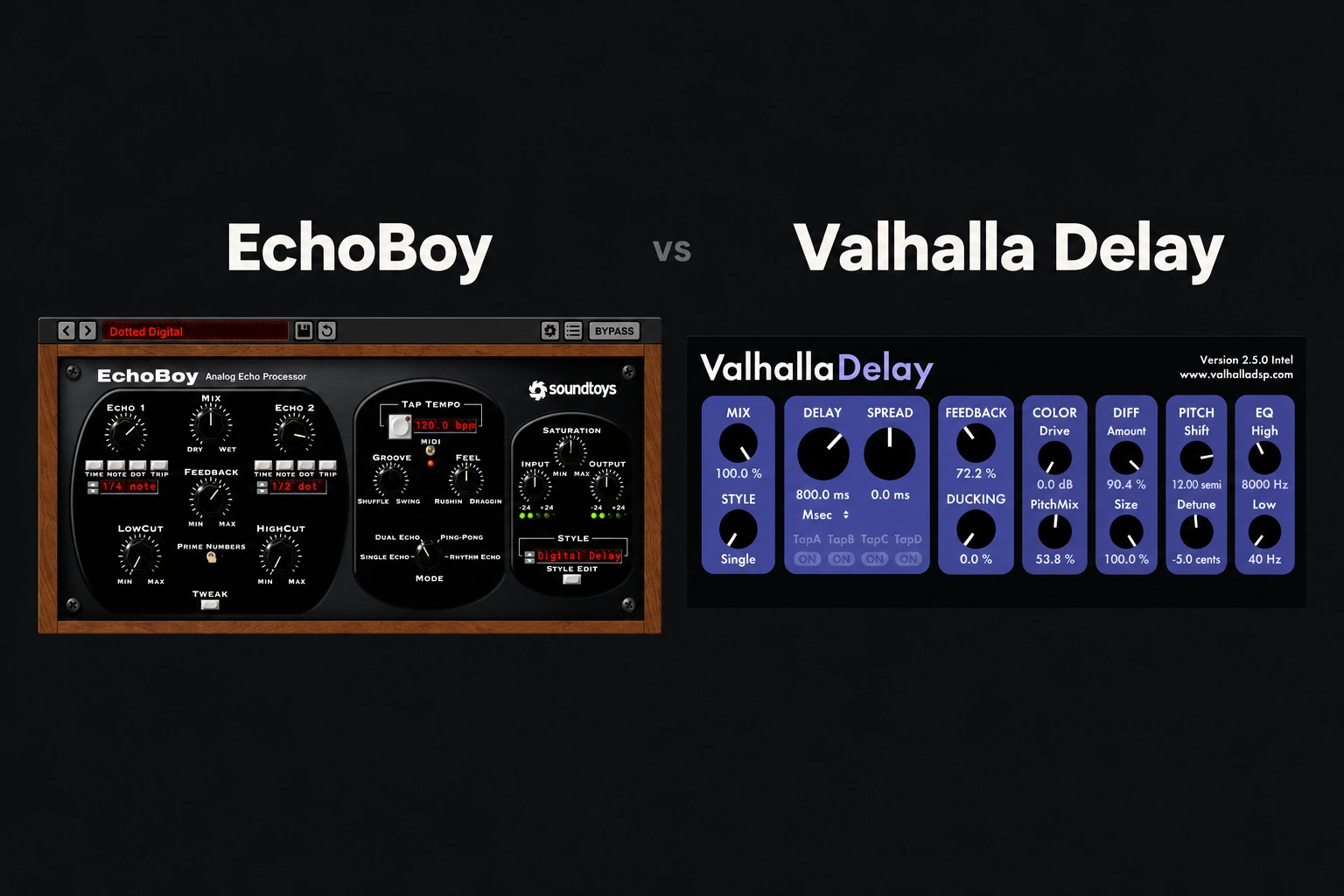 EchoBoy and Valhalla Delay plugin interfaces side by side on a minimalist dark cover