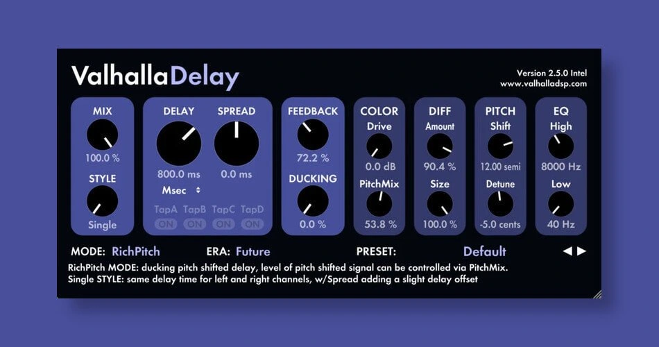 ValhallaDelay in RichPitch mode with pitch shift, ducking and diffusion controls