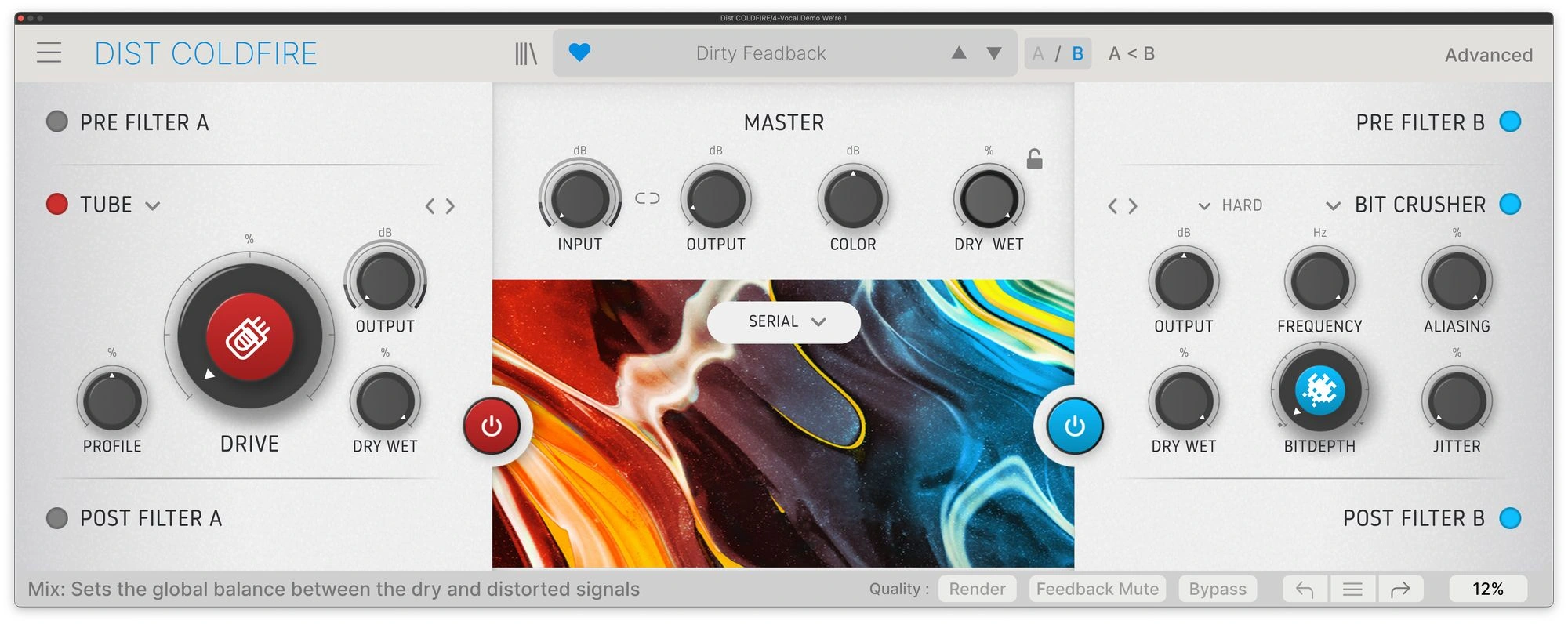 Arturia Dist COLDFIRE showing Tube and Bit Crusher engines with serial routing