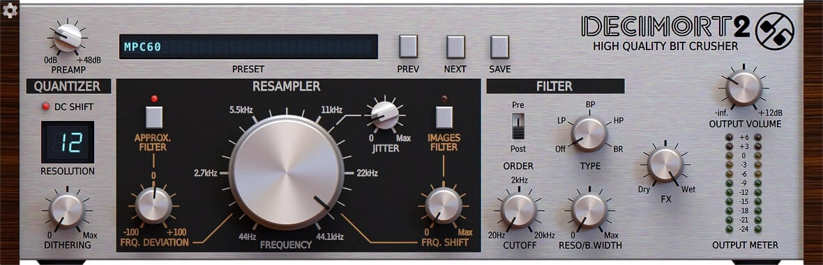 D16 Decimort 2 interface showing resolution, resampling frequency, jitter and filter controls