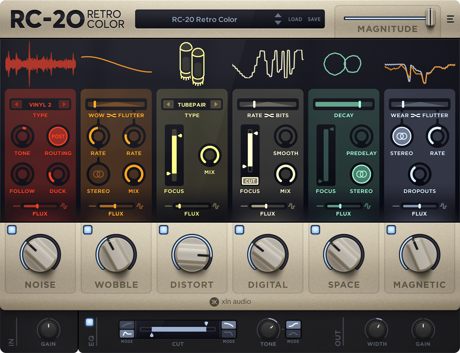 Official RC-20 Retro Color interface showing Noise, Wobble, Distort, Digital, Space and Magnetic modules