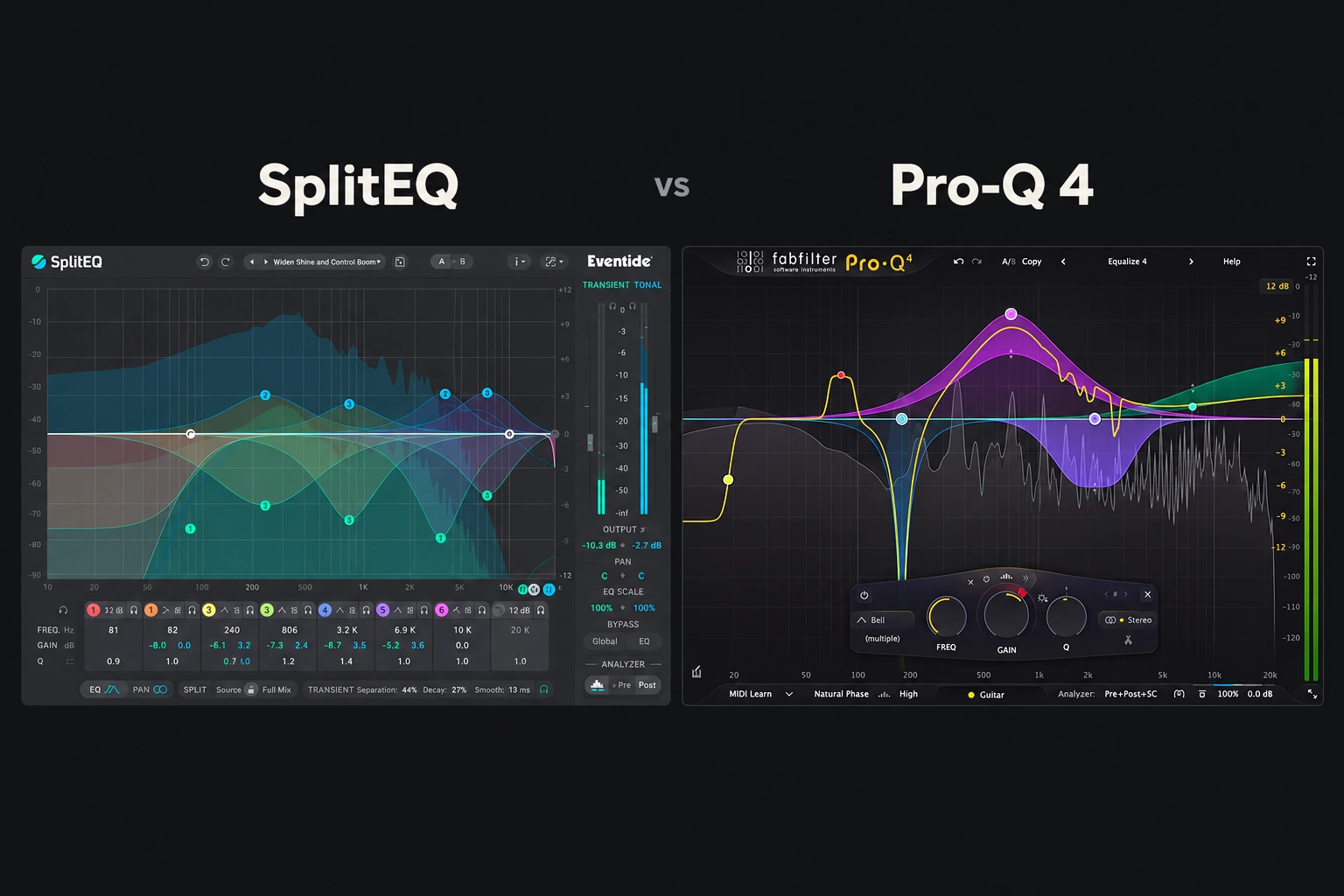 Eventide SplitEQ and FabFilter Pro-Q 4 interfaces side by side on a minimalist dark cover