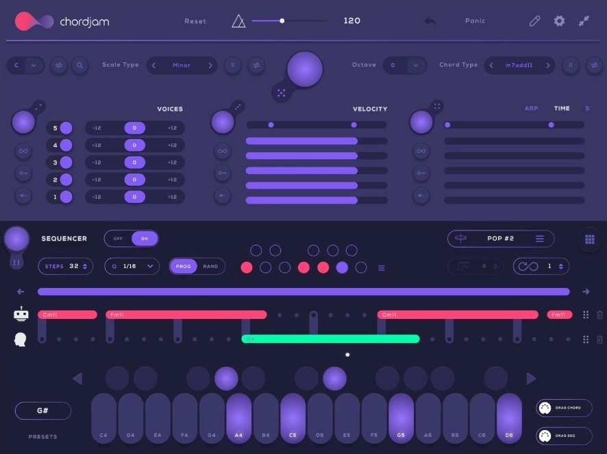 Audiomodern Chordjam interface showing Voices, Velocity, Time and the chord sequencer