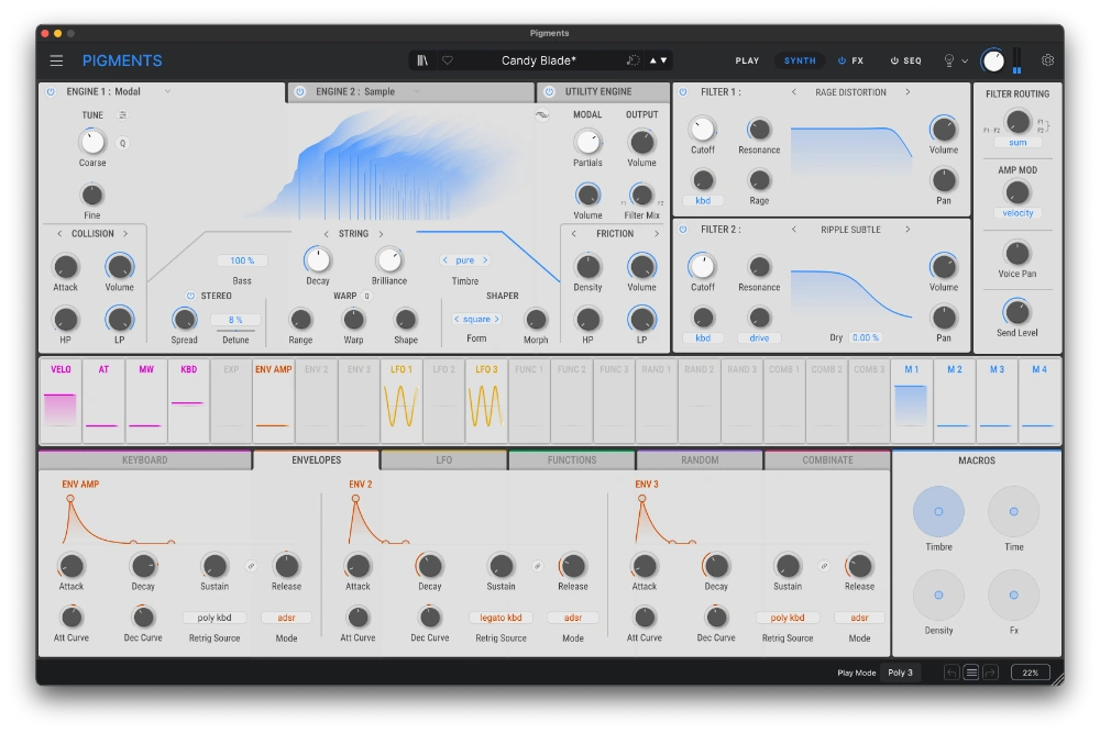 Arturia Pigments 7 light-theme interface showing sound engines, filters, modulation sources and envelopes