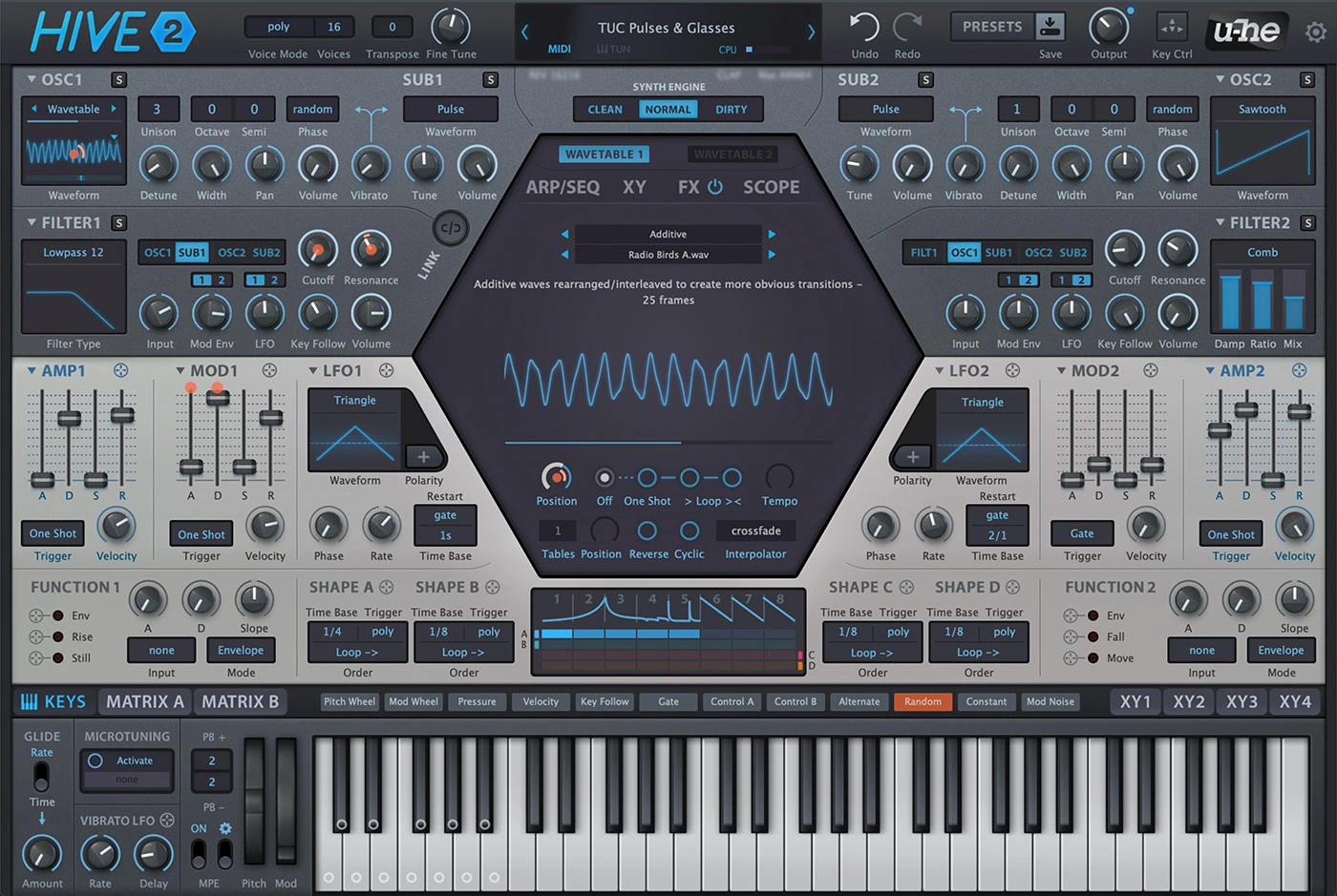 u-he Hive 2 interface with wavetable display, oscillators, filters and modulation controls