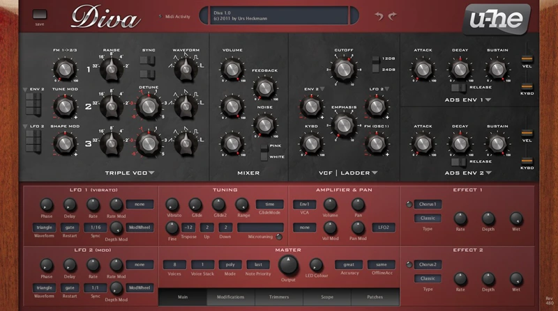 Diva interface showing oscillator, filter, envelope and effects controls