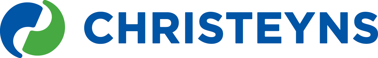 Christeyns logo with blue and green curved design in blue letters