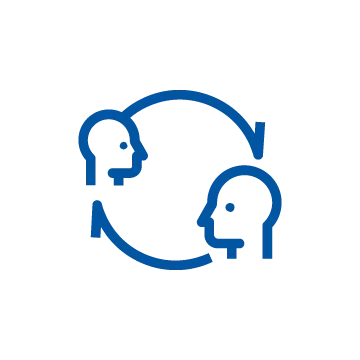 Two stylized human heads connected by circular arrow, representing communication