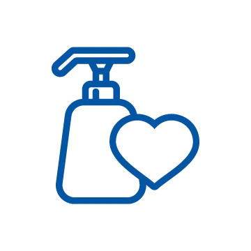 Blue soap dispenser with heart icon representing self-care or hygiene