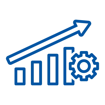 Blue bar graph with upward arrow and gear, representing business growth