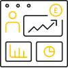 Dashboard interface with user icon, statistical graphs, and currency symbol in yellow on black background.
