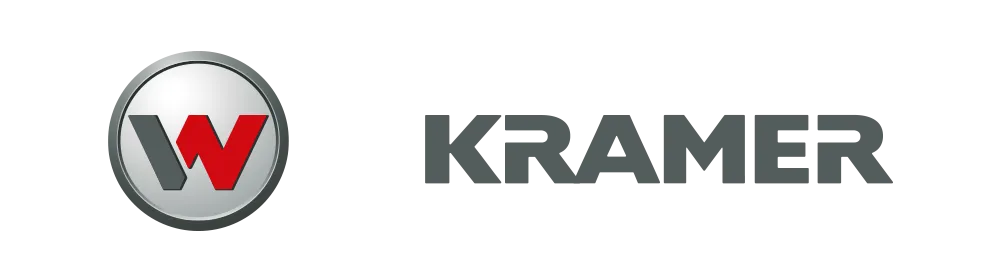 Kramer Firmenlogo mit einem grauen und roten stilisierten W innerhalb eines silbernen Kreises links und dem Schriftzug KRAMER in grauen Großbuchstaben rechts.