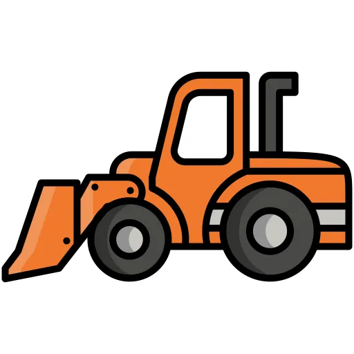 Orange Radlader-Seitenansicht mit großer Schaufel und schwarzen Reifen.