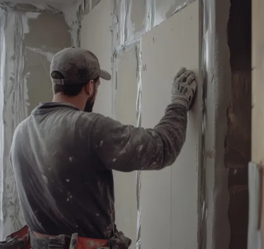 Ein Handwerker in Arbeitskleidung und -handschuhen arbeitet an einer Wand mit Spachtelmasse in einem Baustellenraum.