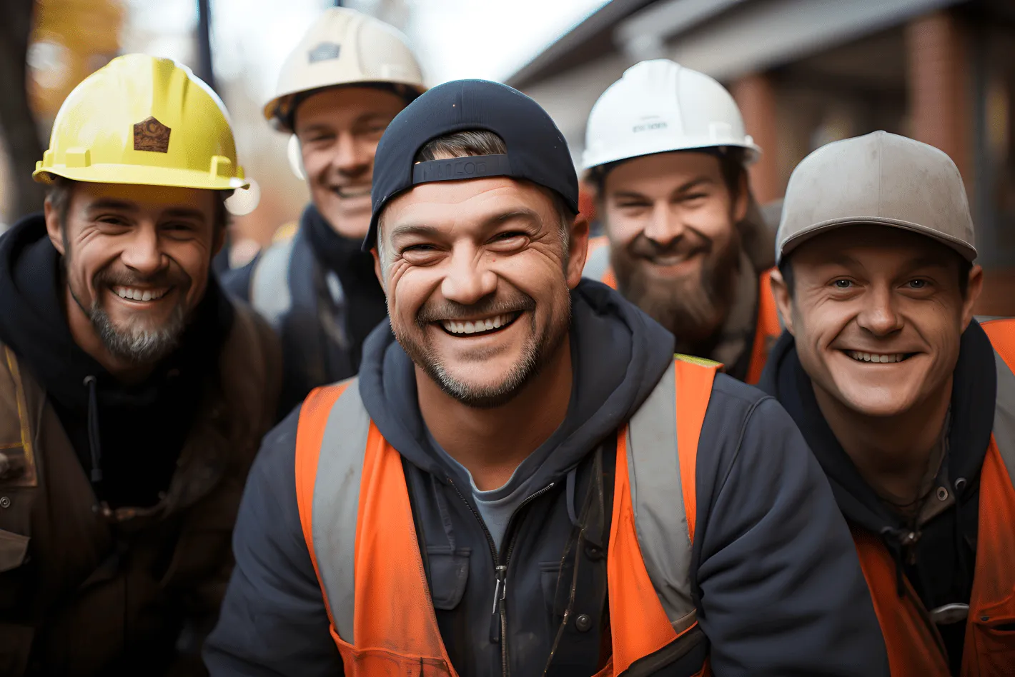 Fünf lachende Bauarbeiter mit Schutzhelmen und Sicherheitswesten posieren für die Kamera.