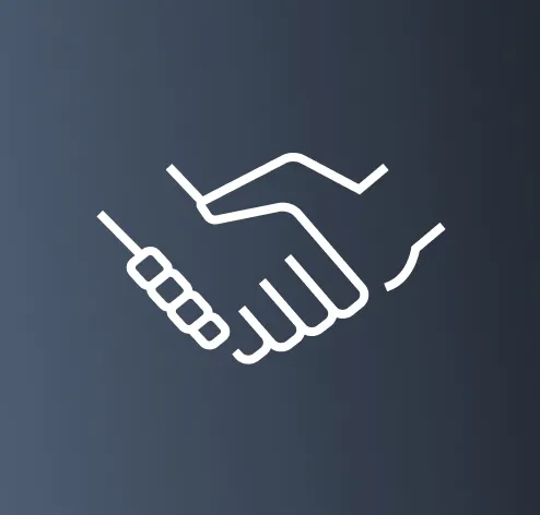 Symbol eines weißen Handschlags auf blau-grauem Hintergrund.