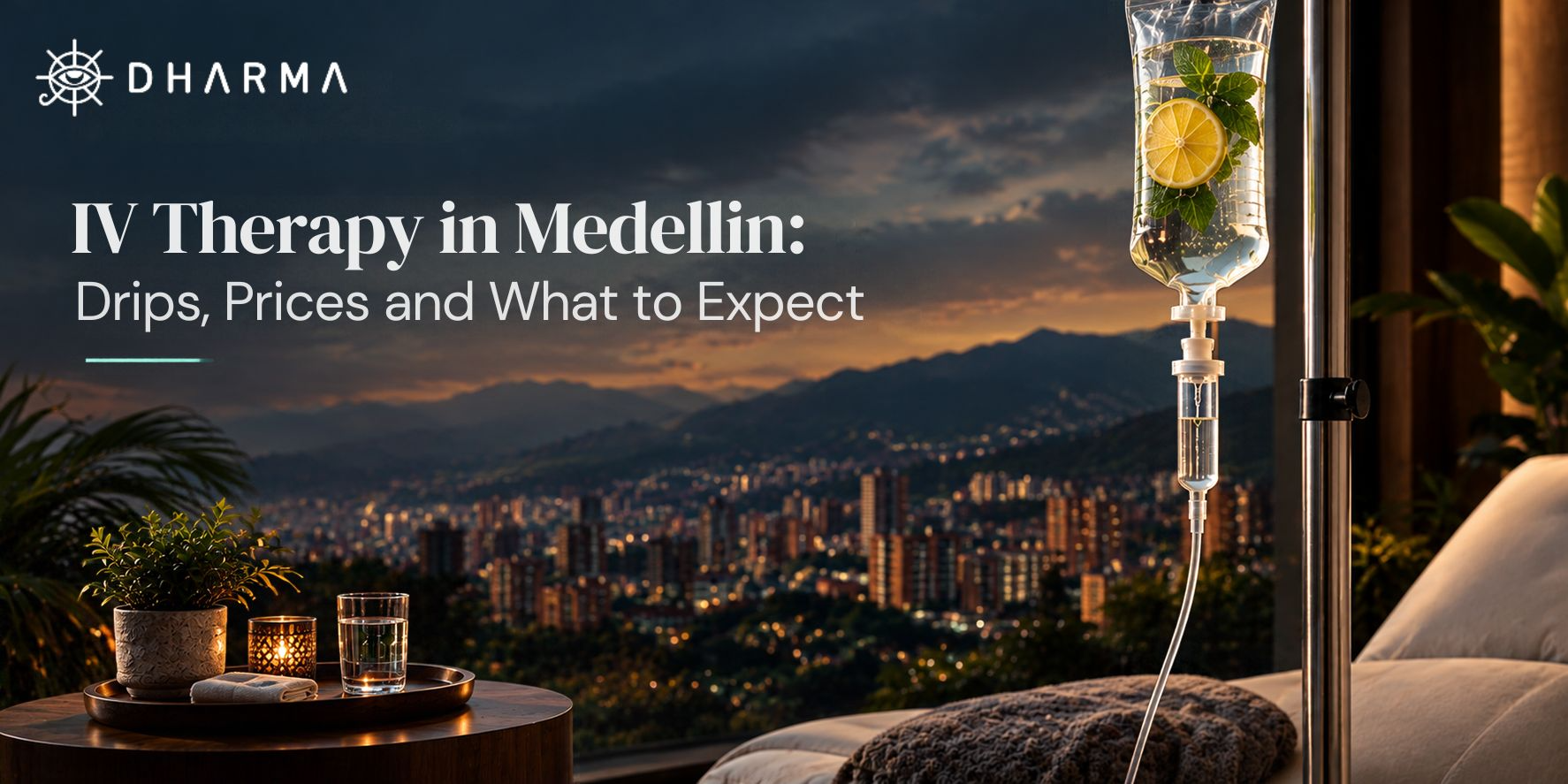 IV drip bag with lemon and mint beside a window overlooking Medellín's city lights and mountains at dusk