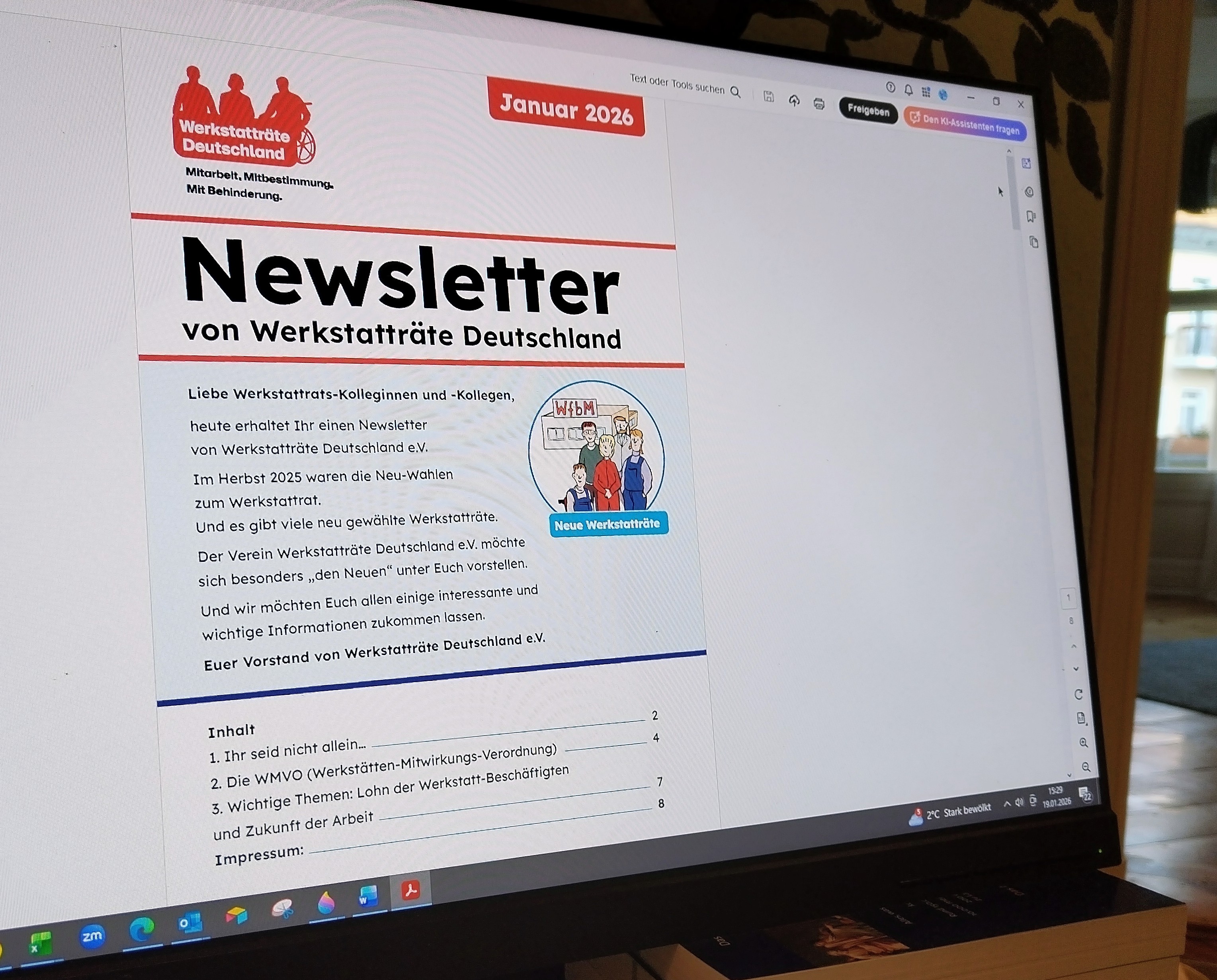Die erste Seite des Newsletters ist zu sehen mit Logo von WRD und einem Leichte Sprache Bild des Werkstattrates