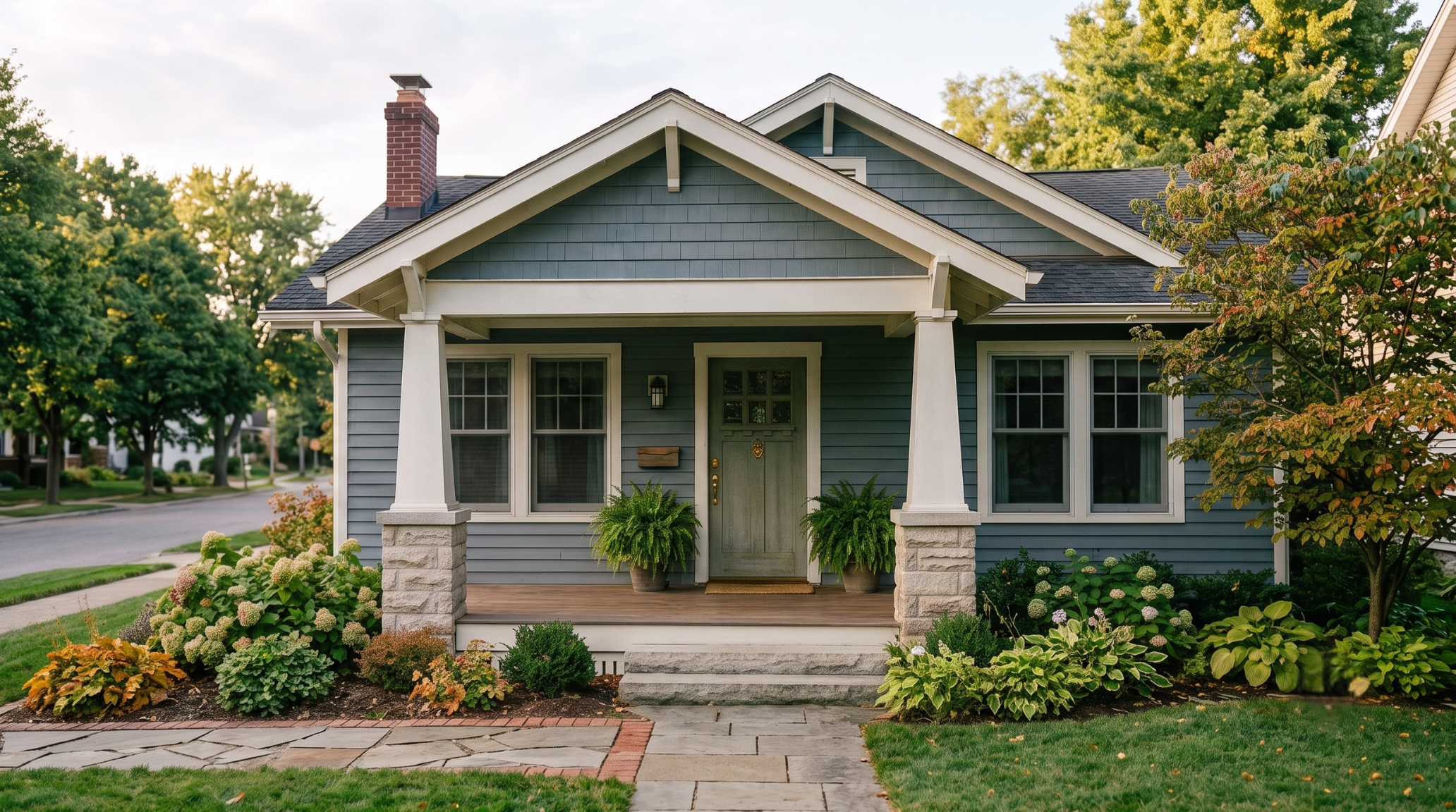 Craftsman-style house with front porch on a tree-lined suburban street