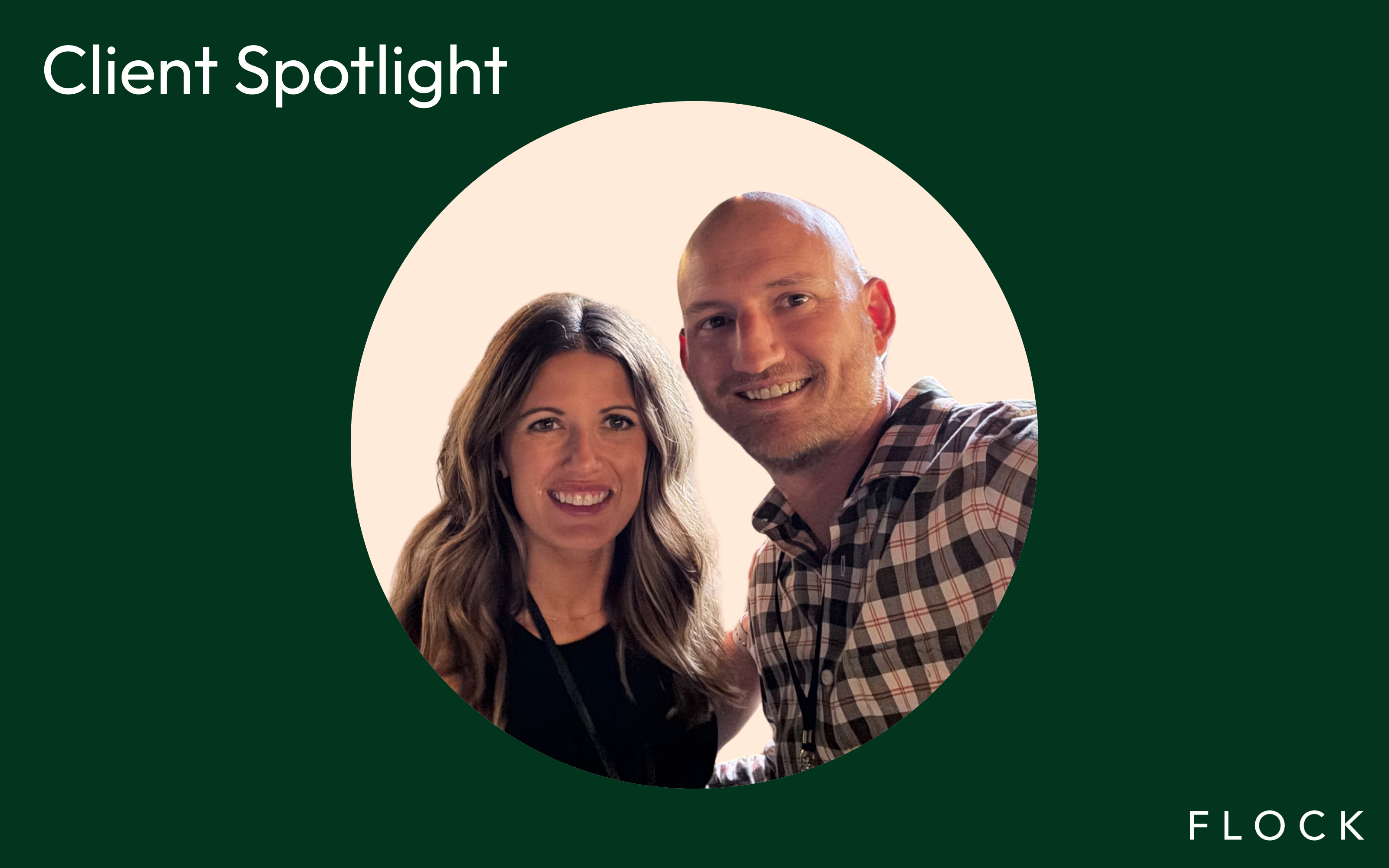 Smiling couple pictured in a Flock client spotlight graphic
