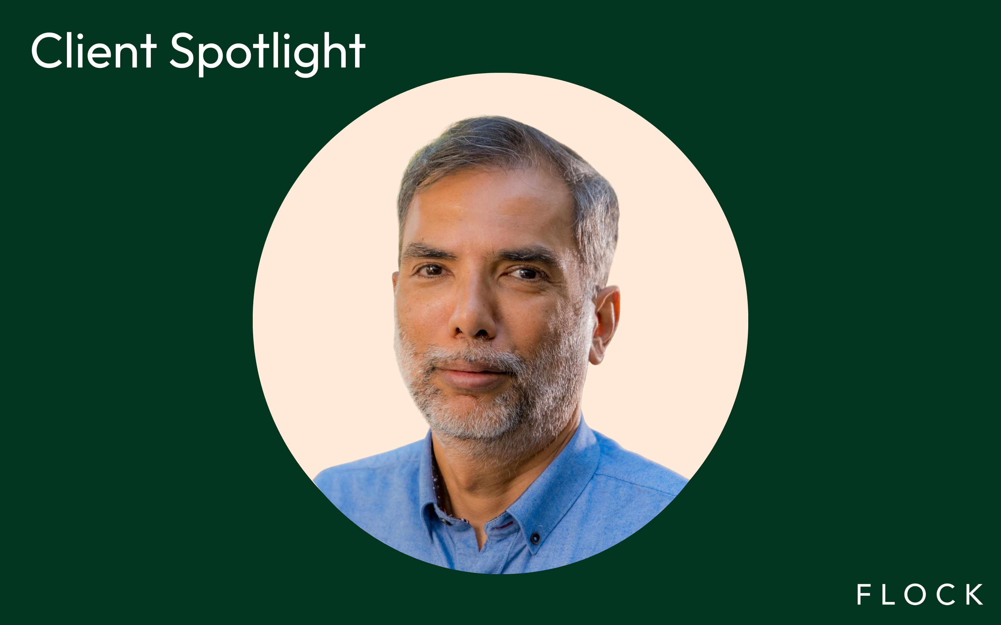 Client Spotlight graphic with portrait of a man in a blue shirt