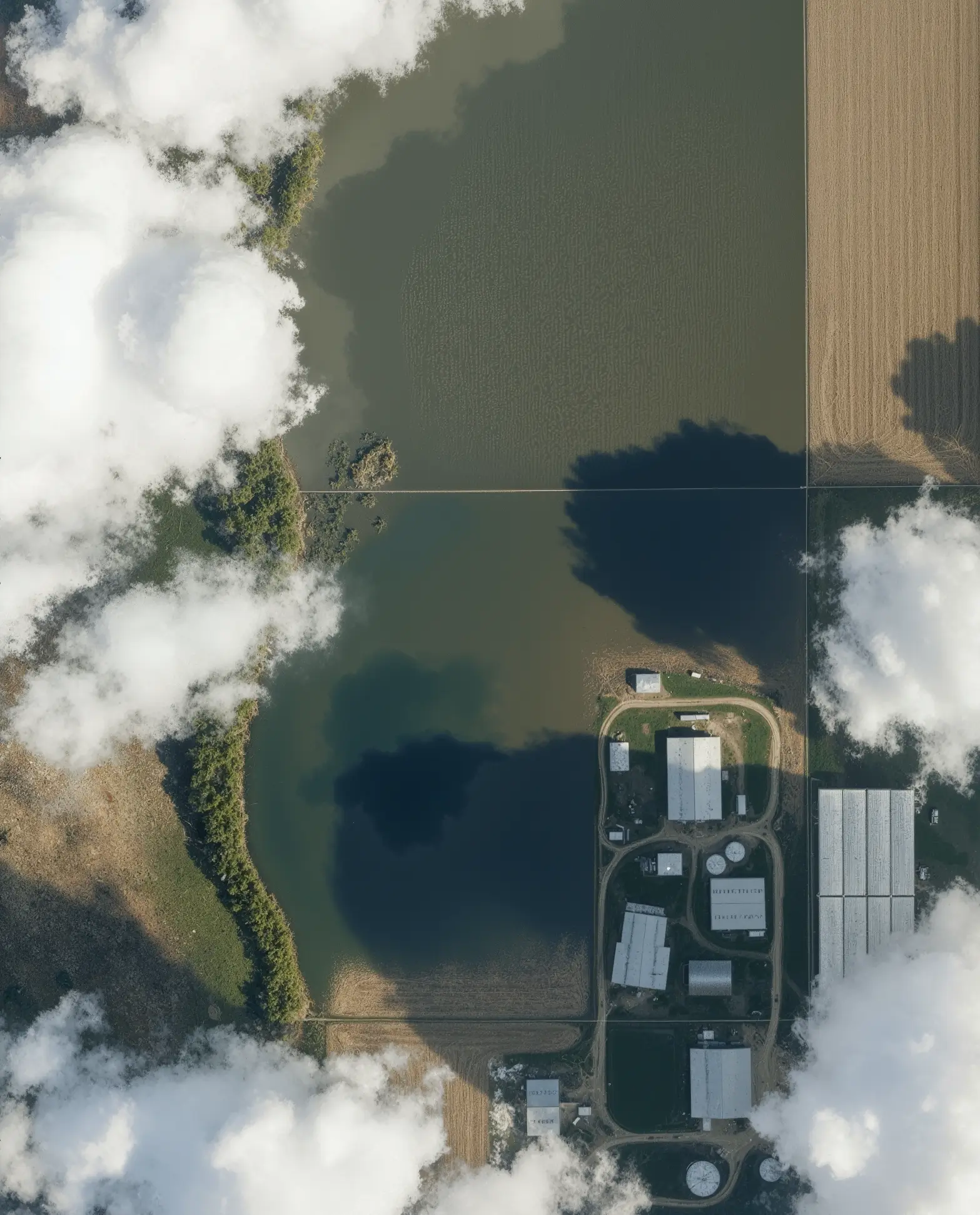 Aerial view of a farm with buildings and fields partly covered by clouds and shadows.