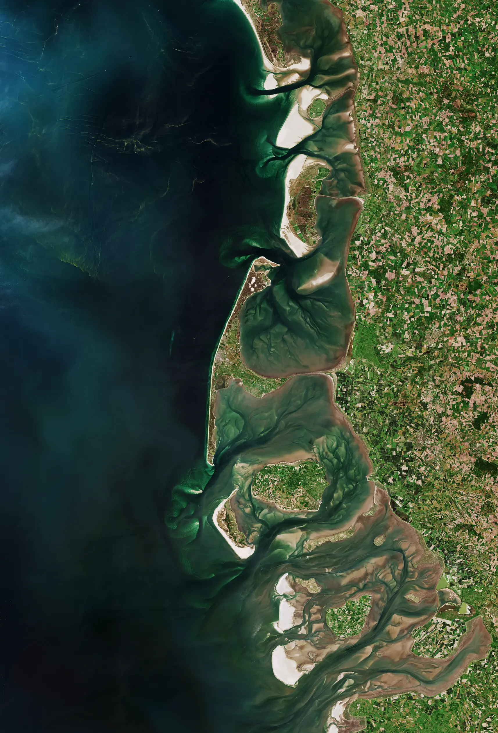 Aerial view of a coastal region showing sandbanks, tidal channels, green agricultural land, and dark ocean waters.