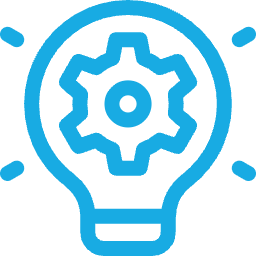 Icono azul de bombilla con engranaje en el centro que simboliza una idea o solución técnica.